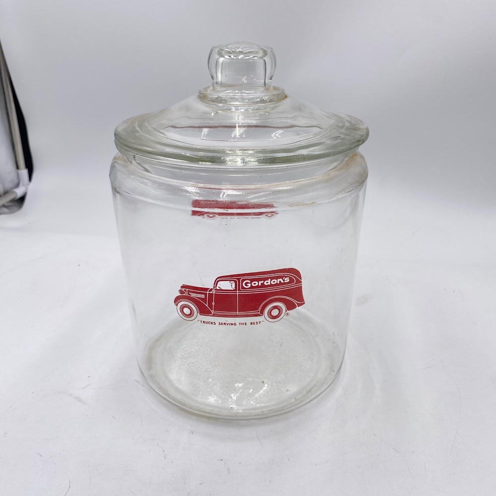 Gordons Potato Chips Vintage Glass Canister Jar Clear Red Truck Advertising SEO